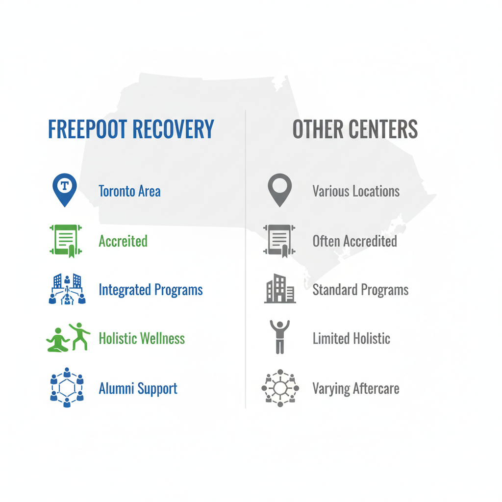 Infographic comparing Freeport Recovery with other Toronto drug rehab centers using icons for key features like location, accreditation, programs, holistic modalities, and aftercare.