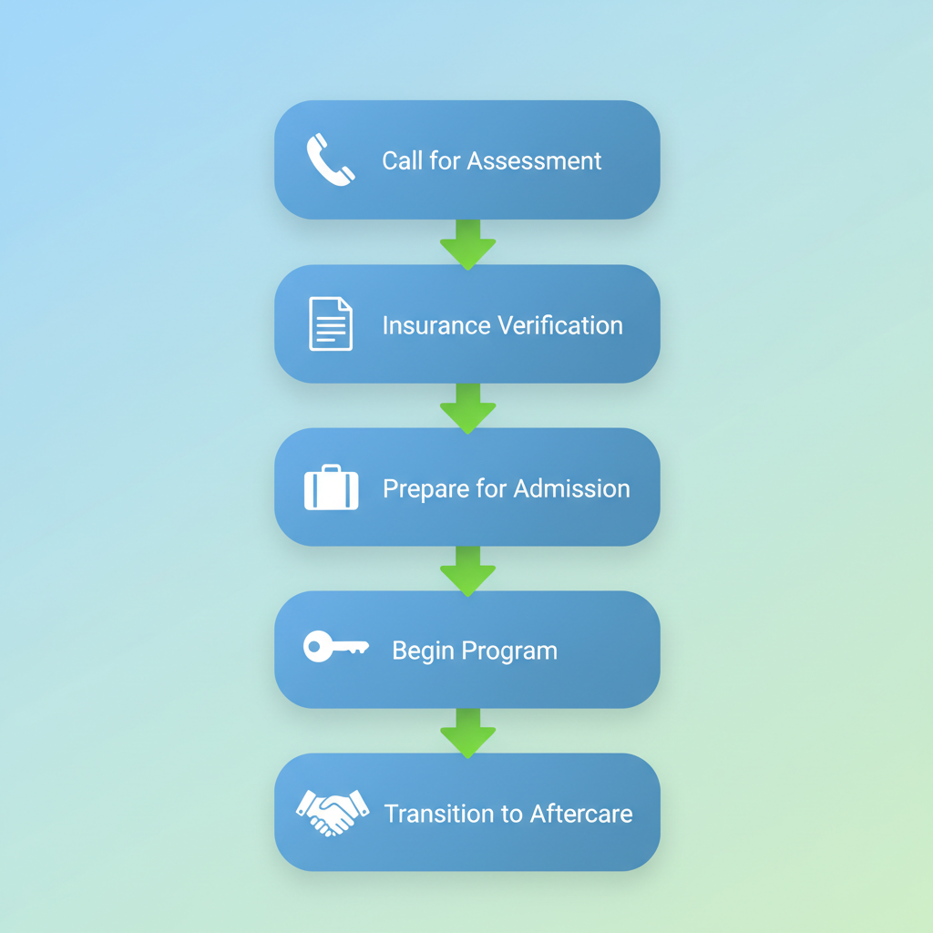 Vertical process flow diagram illustrating five key steps to start addiction recovery journey at Freeport Recovery center near Toronto.