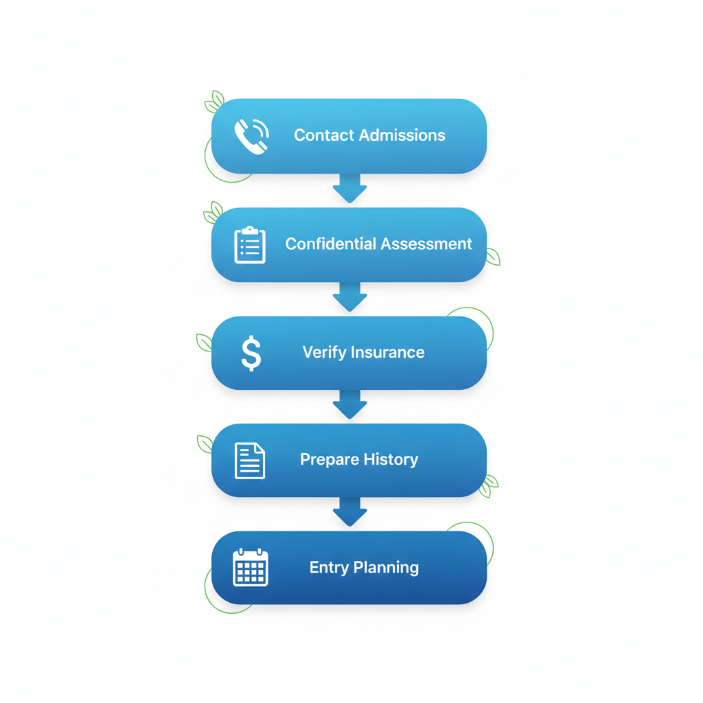 Vertical process flow diagram showing the five stages of admissions at Freeport Recovery: contacting admissions, confidential assessment, insurance verification, preparing medical history, and entry planning.