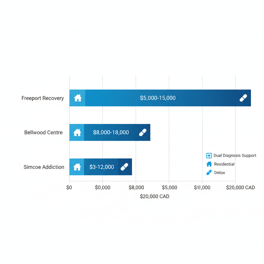 Horizontal bar chart comparing costs of alcohol rehab centers in Toronto including Freeport Recovery, Bellwood Centre, and Simcoe Addiction with program icons.