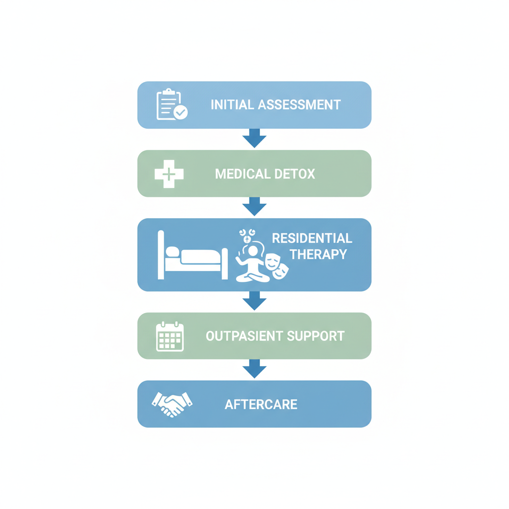Vertical process flow diagram showing five stages of alcohol rehab services: assessment, detox, residential therapy, outpatient support, and aftercare with icons and connections.
