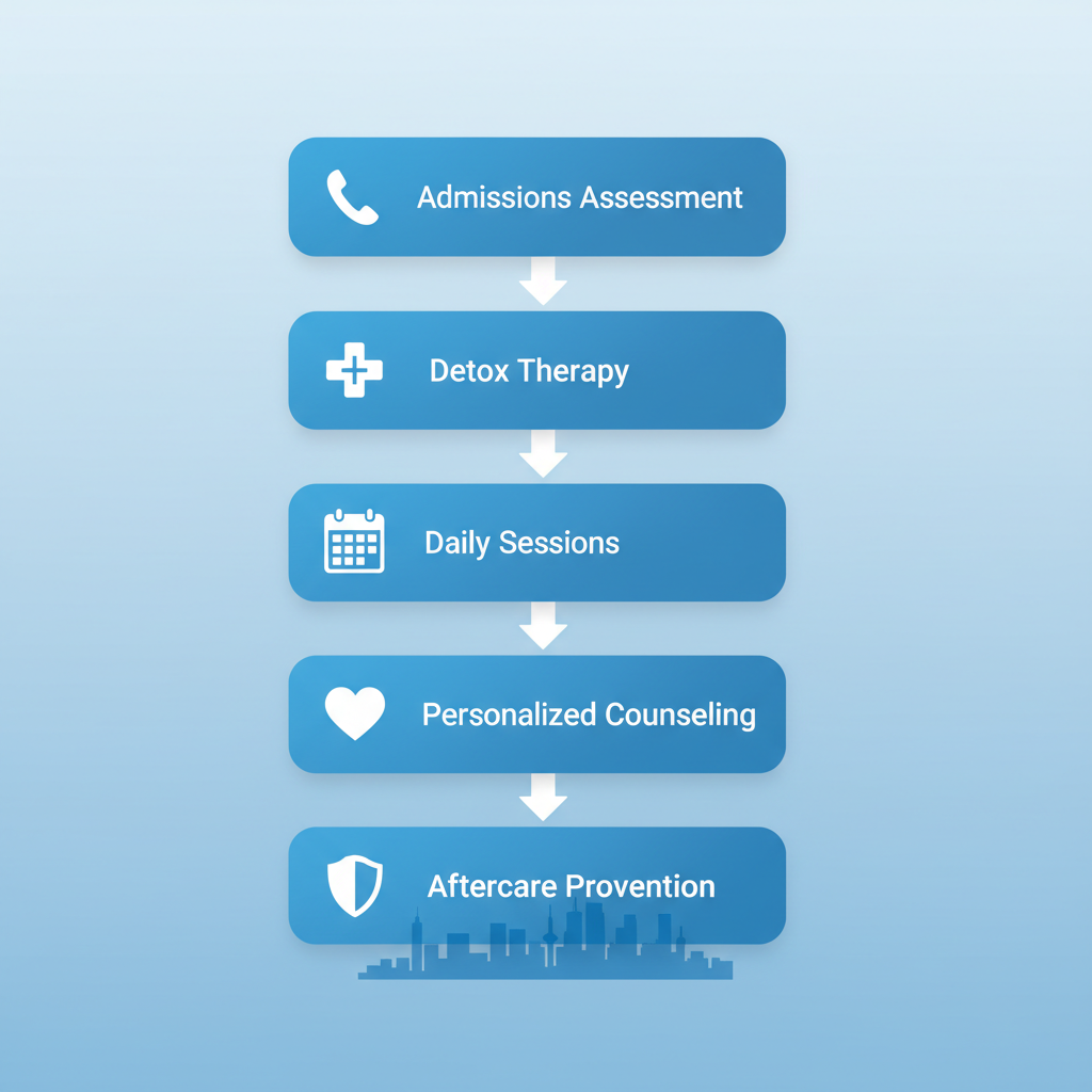 Vertical flowchart illustrating the five key stages of drug rehabilitation in Toronto facilities: admissions and assessment, detox and initial therapy, daily structure with group sessions, personalized counseling, and aftercare with relapse prevention.