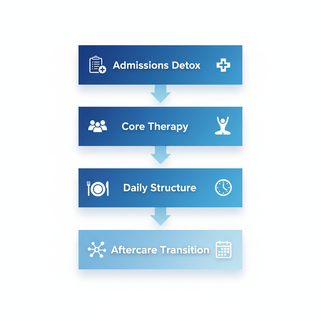 Vertical process flow diagram illustrating four stages of drug rehab: admissions and detox, core therapy and wellness, daily structure with nutrition, and transition to aftercare