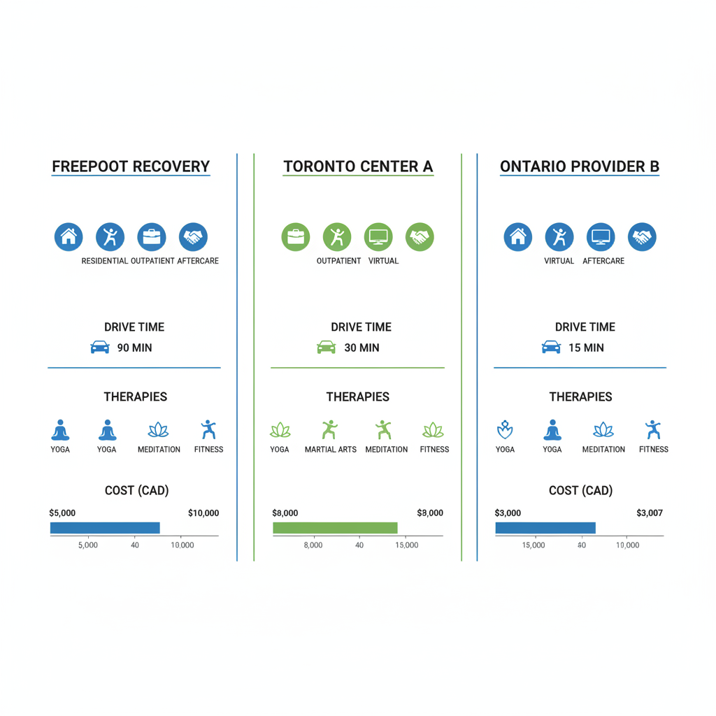 Infographic comparing alcohol rehab options in Toronto area with features, costs, and icons