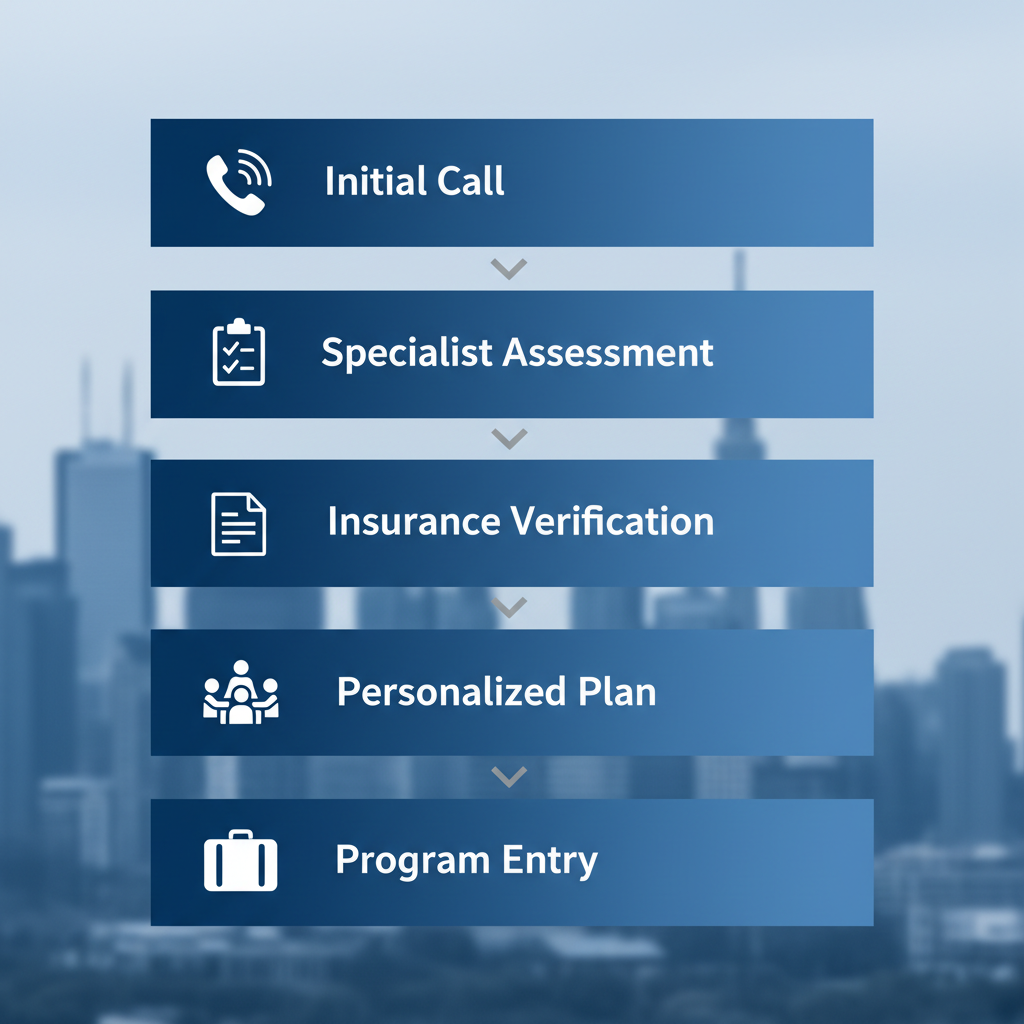 Vertical process flow diagram illustrating five key steps to start alcohol recovery near Toronto with supportive icons and subtle city background