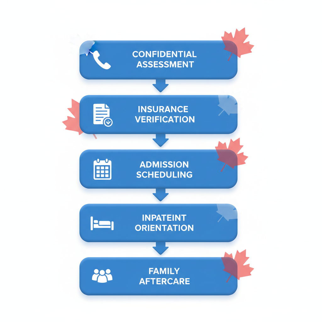 Vertical process flow diagram illustrating five connected stages to start recovery: confidential phone assessment, insurance verification, admission scheduling, inpatient orientation, and family involvement with aftercare planning.