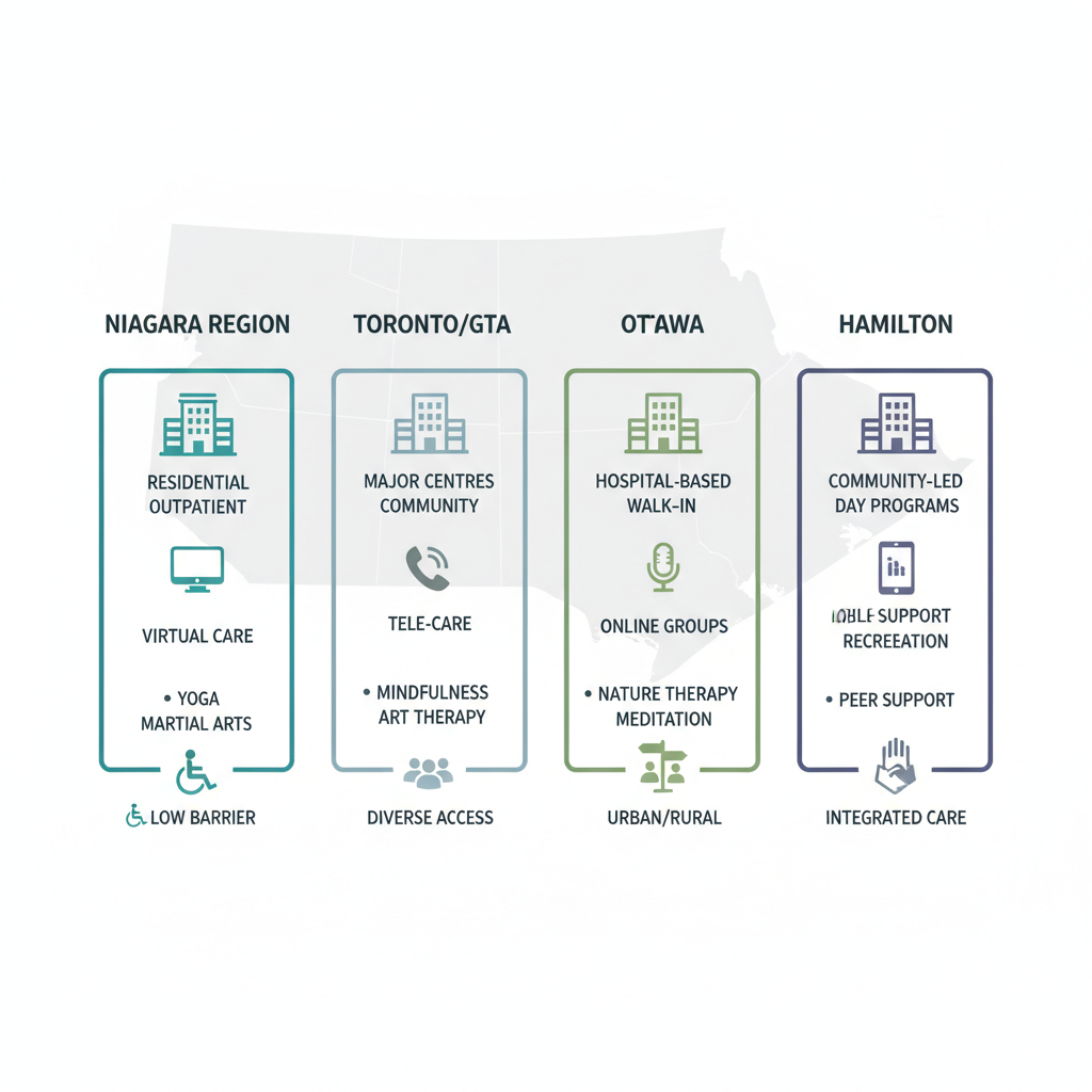 Infographic comparing addiction treatment areas in Ontario regions: Niagara, Toronto/GTA, Ottawa, and Hamilton with icons and highlights.