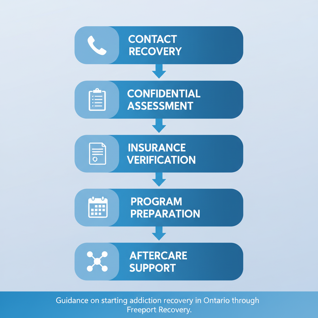 Vertical process flow diagram illustrating five steps to begin addiction recovery: contact, assessment, insurance verification, program preparation, and aftercare support.