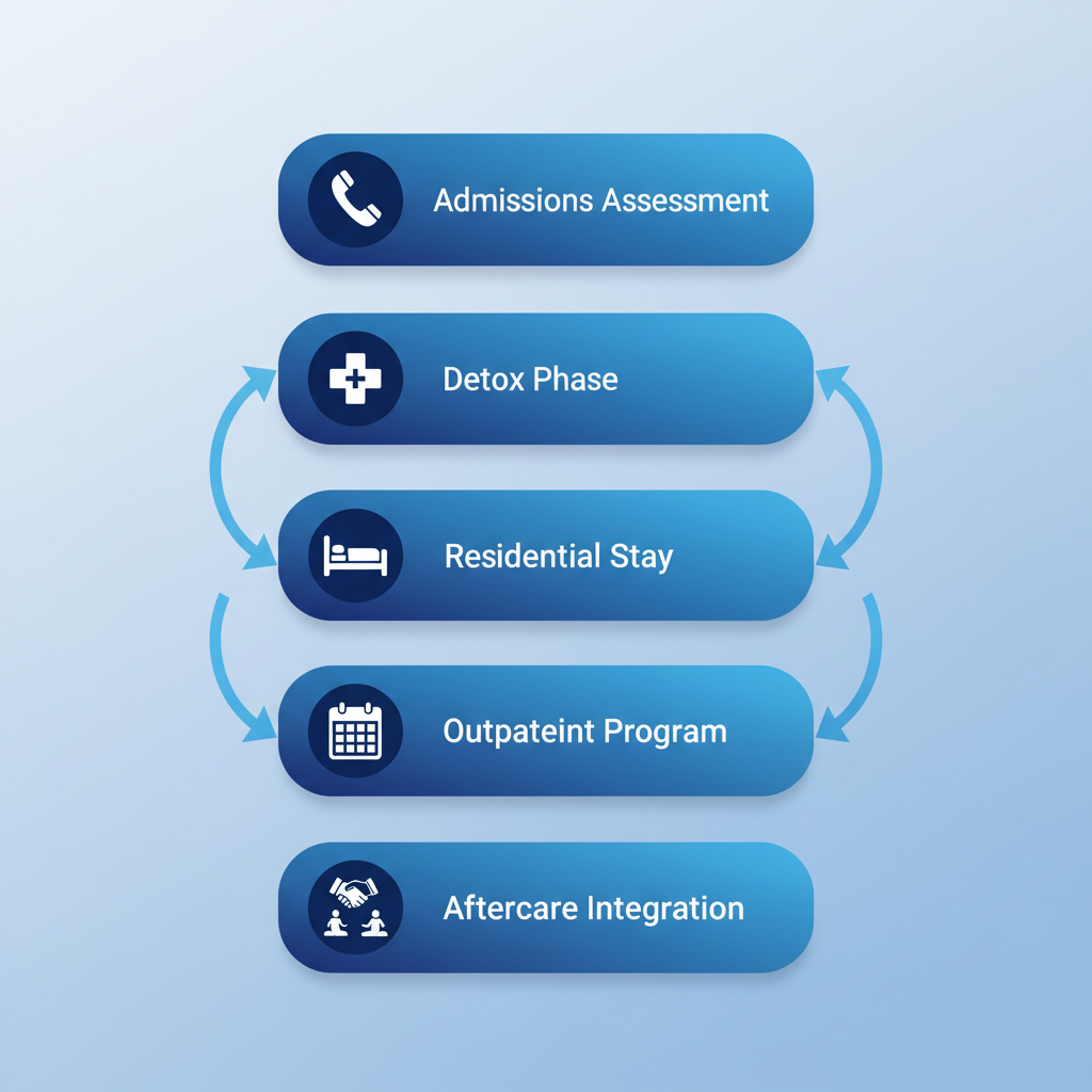 Vertical process flow diagram illustrating key phases of drug rehab from admissions to aftercare with holistic integration