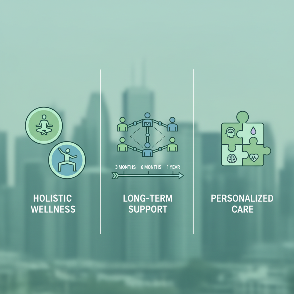 Infographic showing three key benefits of drug rehab in Toronto: holistic wellness, long-term support, and personalized plans with icons.