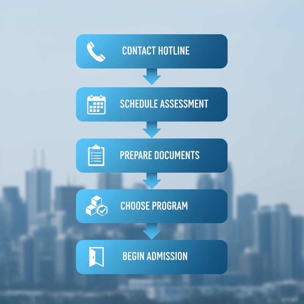 Vertical process flow diagram illustrating five key steps to start drug recovery in Toronto: contact hotline, schedule assessment, prepare documents, choose program, and begin admission with family involvement.
