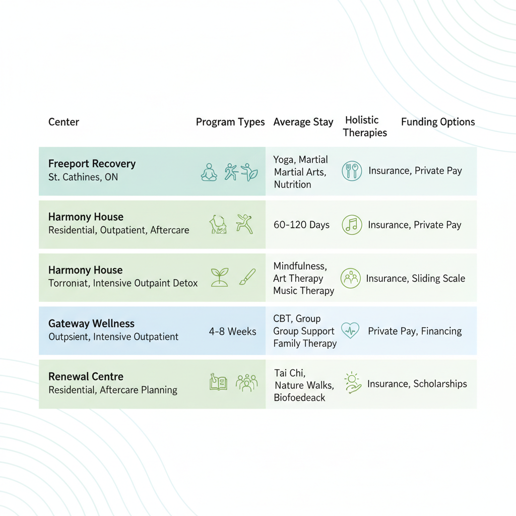 Infographic comparing Ontario rehab centers including Freeport Recovery in St. Catharines with program details and holistic therapies.