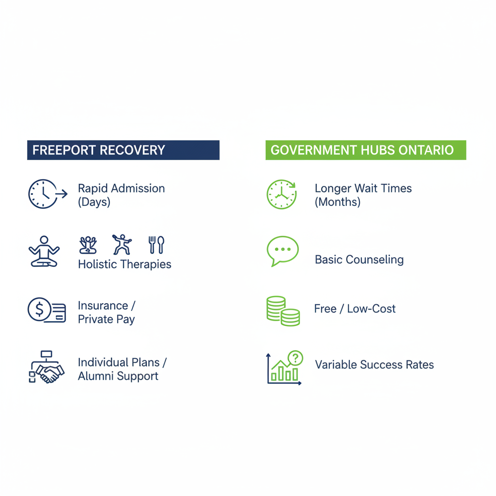 Infographic comparing private rehab treatment at Freeport Recovery versus government programs in Ontario across wait times, therapies, costs, and success rates.