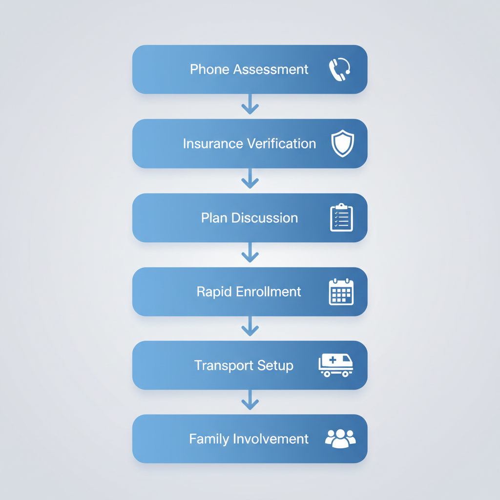 Vertical process flow diagram showing six steps to start recovery at Freeport Recovery: phone assessment, insurance verification, treatment plan, enrollment, transport setup, and family involvement.