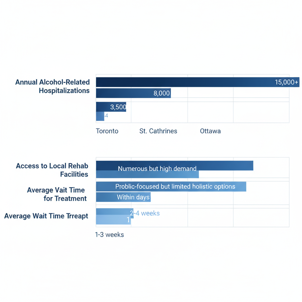 Horizontal bar chart comparing alcohol addiction prevalence, rehab access, and treatment wait times in Toronto, St. Catharines, and Ottawa regions of Ontario.