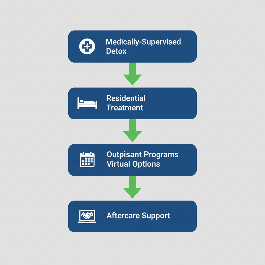 Vertical process flow diagram showing five stages of alcohol recovery services: detox, residential treatment, outpatient, virtual options, and aftercare support.