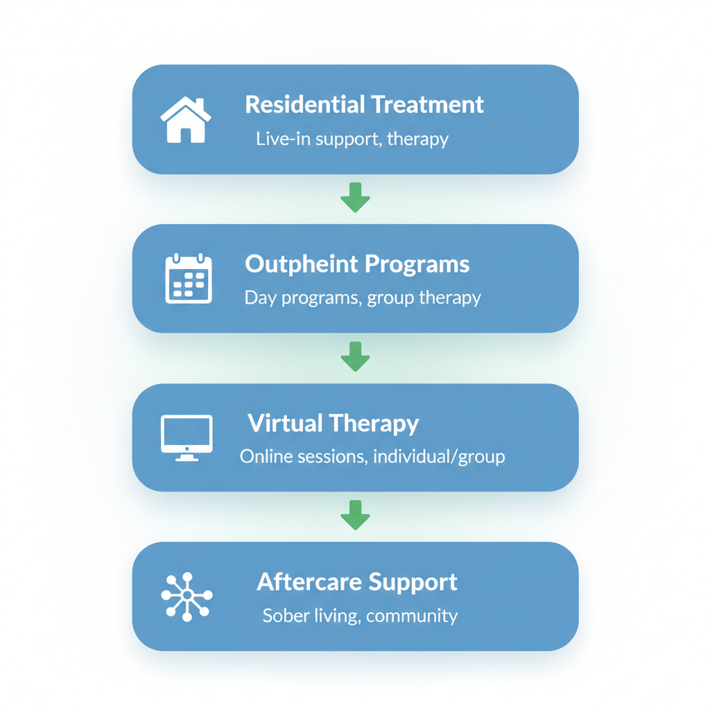 Vertical process flow diagram showing the steps in alcohol rehab services in Ontario from residential treatment to aftercare support