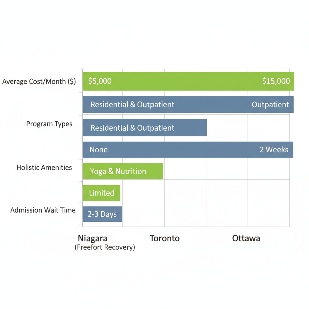 Horizontal bar chart comparing alcohol rehab facilities in Ontario regions by cost, programs, amenities, and wait times, highlighting Niagara.