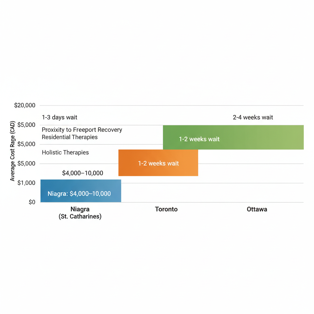 Horizontal bar chart illustrating cost and wait time comparisons for addiction treatment in Niagara, Toronto, and Ottawa regions.