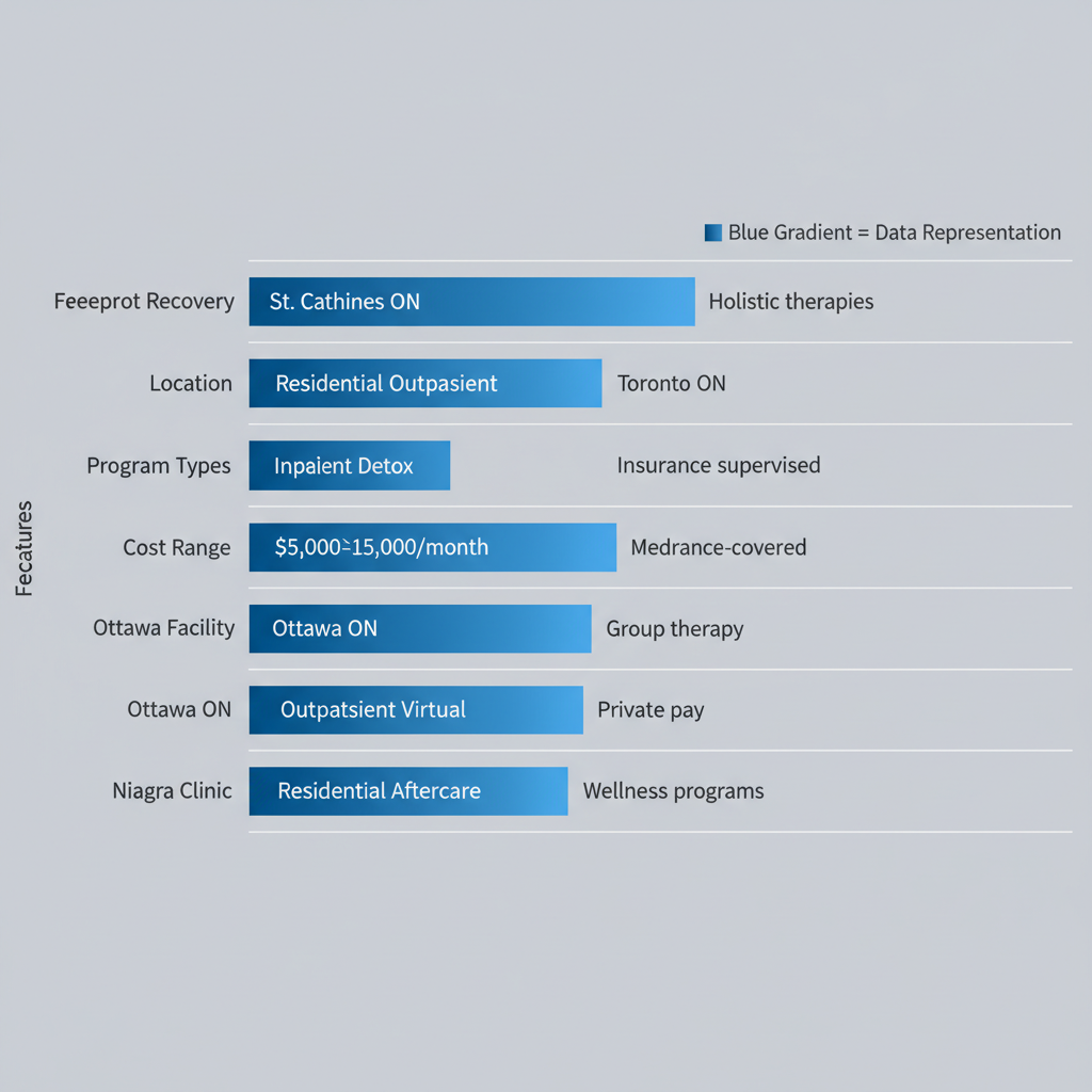 Horizontal bar chart comparing key features of top addiction treatment centers in Ontario, including Freeport Recovery.