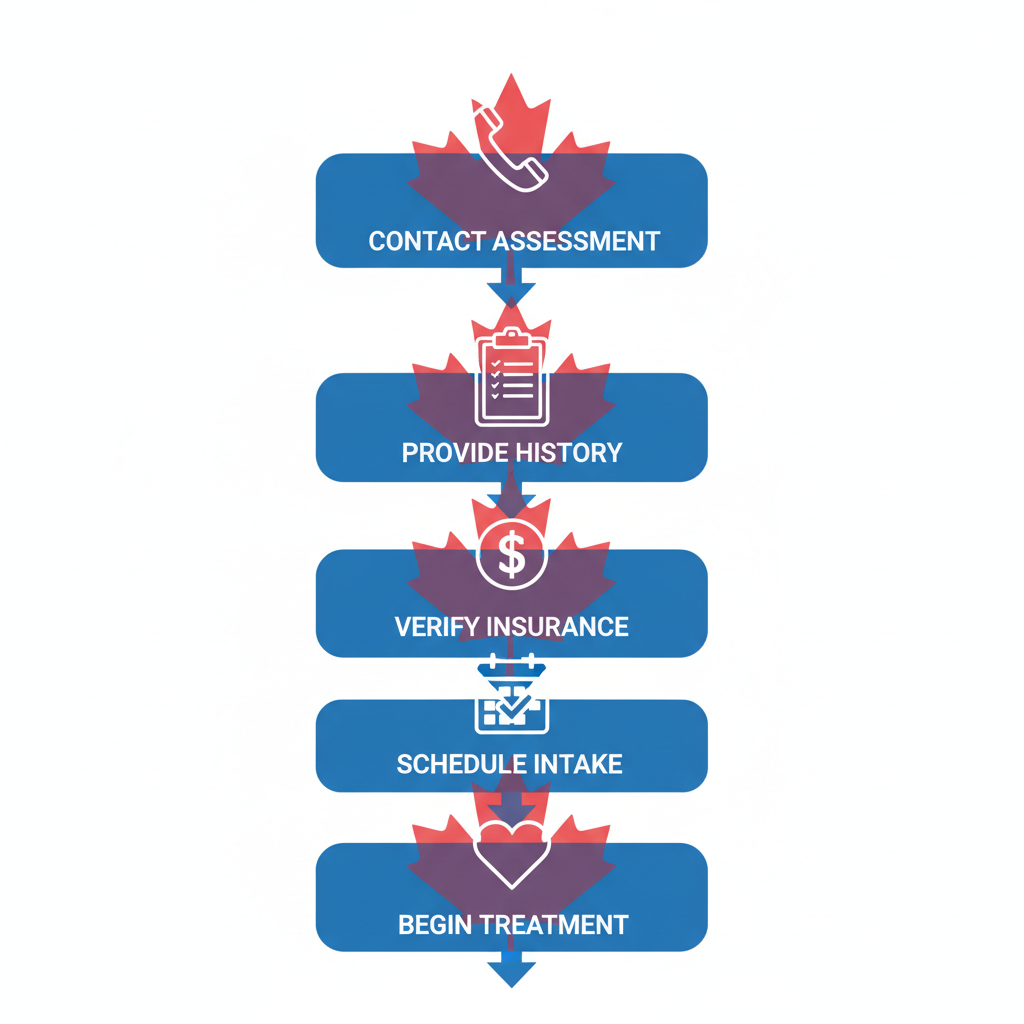 Vertical process flow diagram illustrating five steps to start addiction treatment in Ontario with icons for assessment, history, insurance, intake, and therapy.