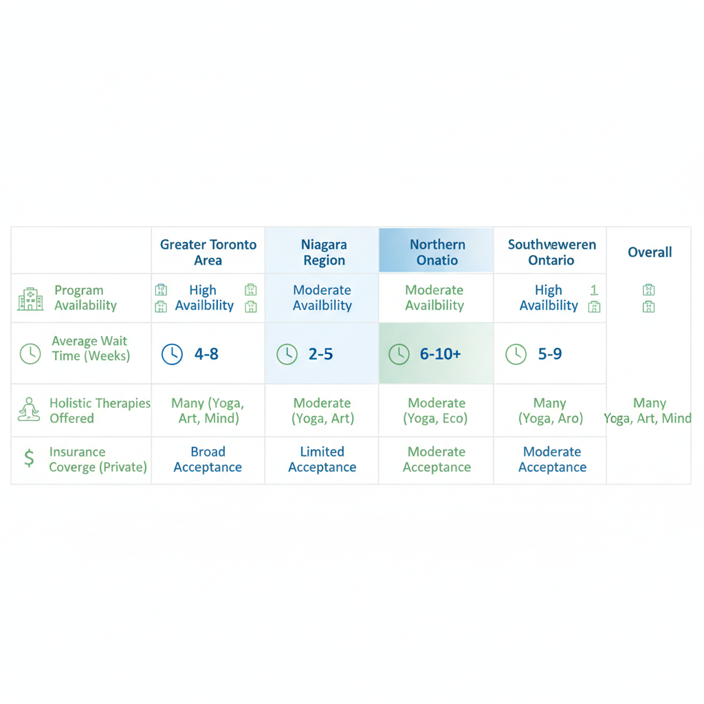 Infographic comparing program availability, wait times, holistic therapies, and insurance coverage for addiction rehab across five Ontario regions, highlighting Niagara.