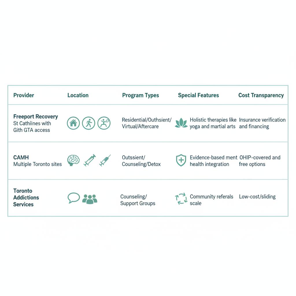 Infographic comparing addiction recovery providers including Freeport Recovery, CAMH, and Toronto Addictions Services in the Toronto area