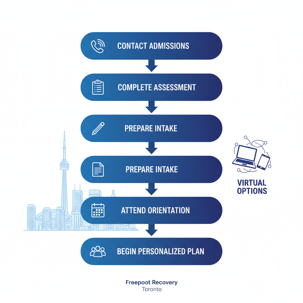 Vertical flowchart depicting five key steps to initiate addiction recovery: contacting admissions, completing assessment, preparing intake, attending orientation, and starting personalized plan with icons.