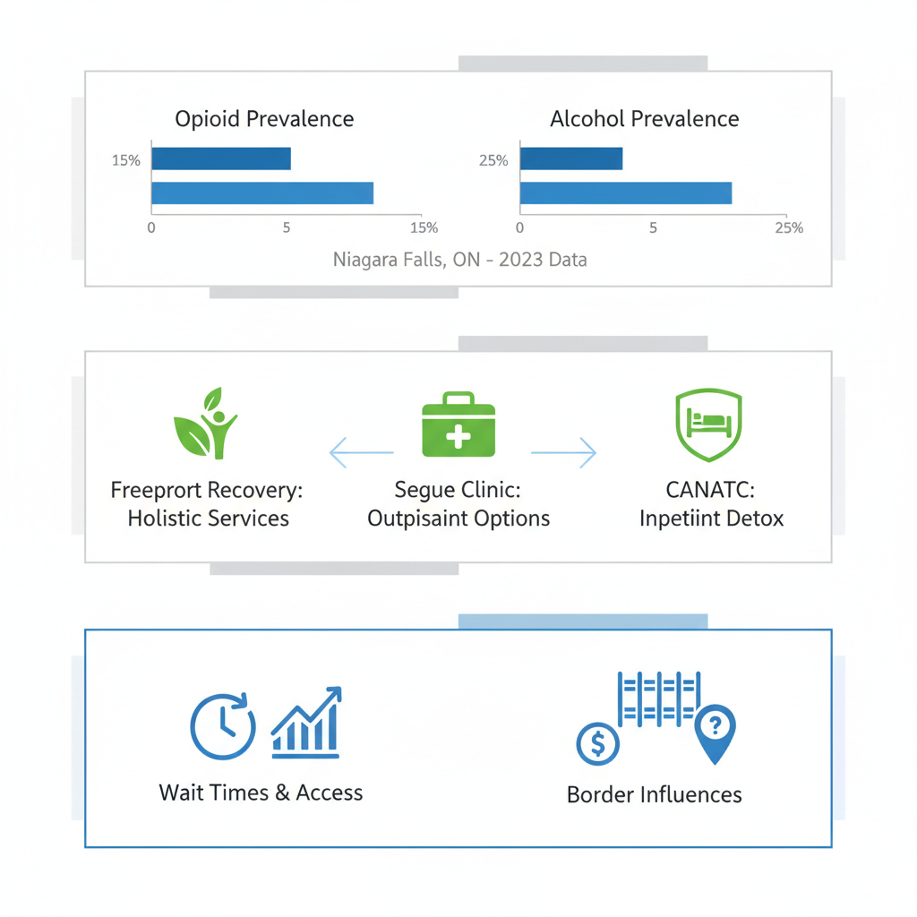 Infographic illustrating addiction recovery statistics, facility comparisons, and challenges in Niagara Falls, Ontario