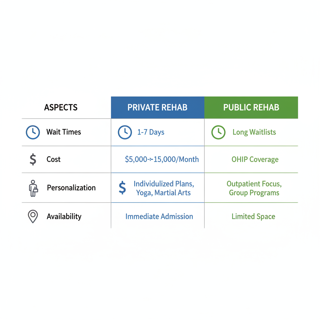 Infographic comparing private and public rehab options in Ontario by wait times, cost, personalization, and availability.