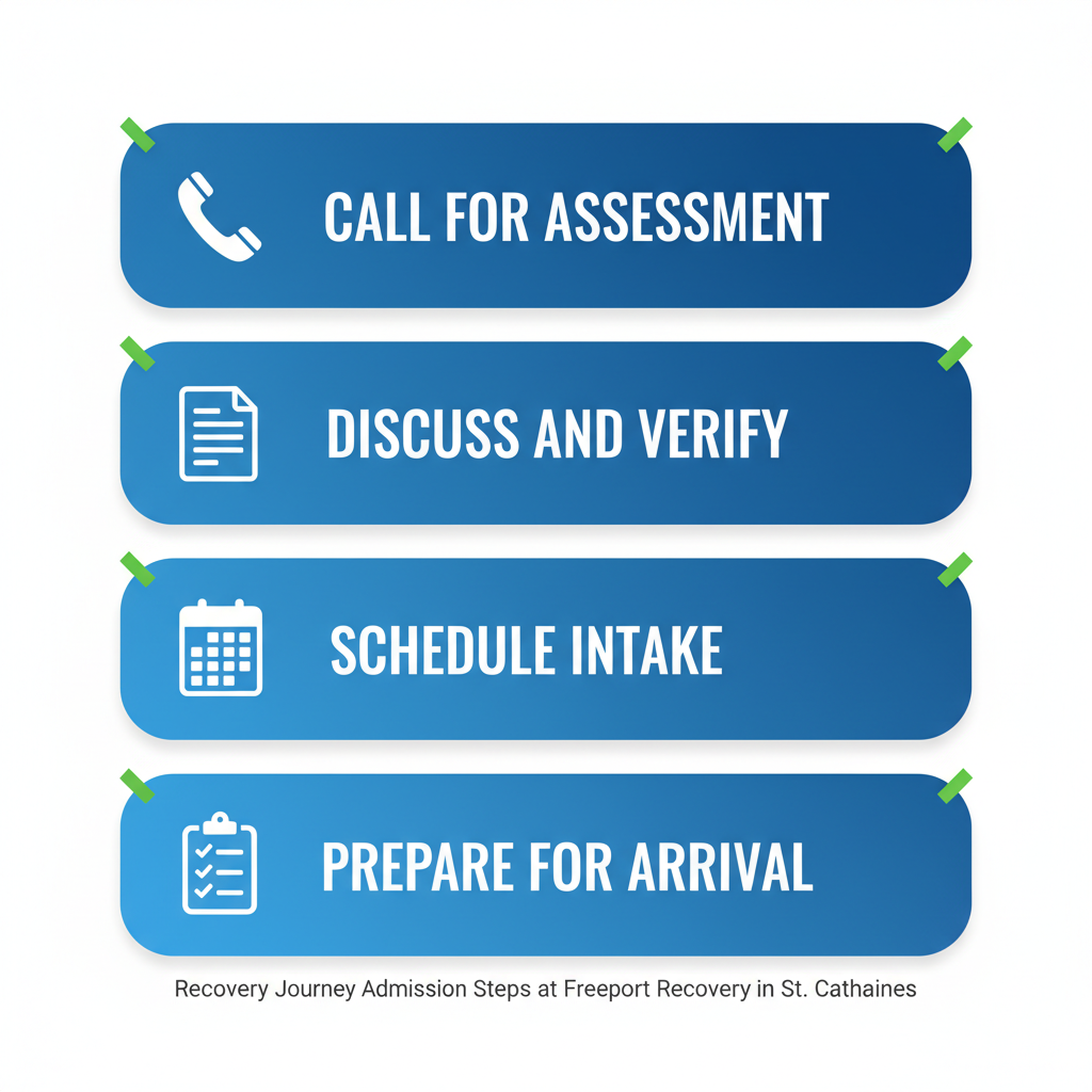 Vertical diagram showing four steps to begin recovery: call for assessment, discuss needs, schedule intake, prepare for arrival.