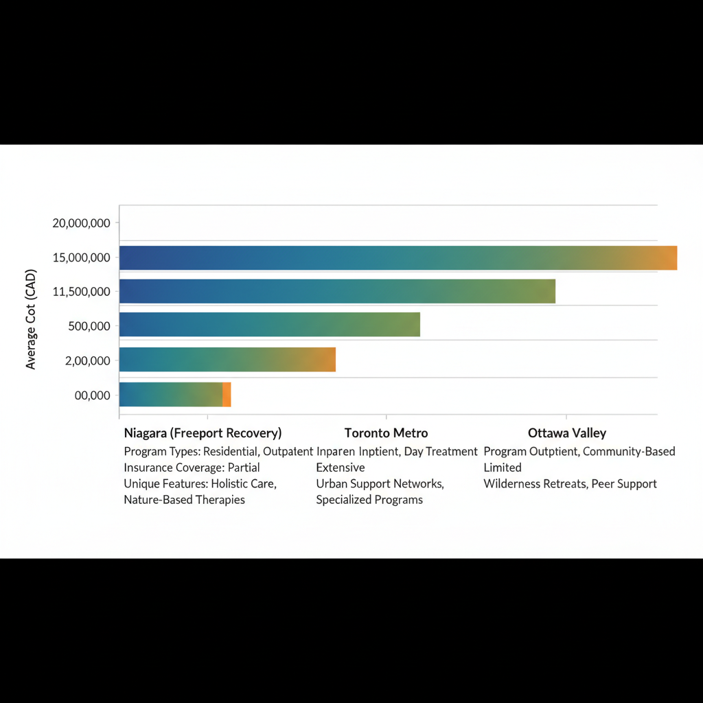 Horizontal bar chart comparing average costs and features of addiction treatment centers in Niagara, Toronto, and Ottawa regions