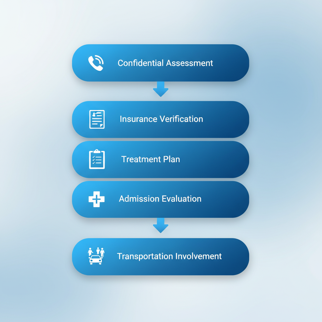 Vertical process flow diagram illustrating the five key steps to initiate addiction recovery, including assessment, verification, planning, admission, and transportation with relevant icons.