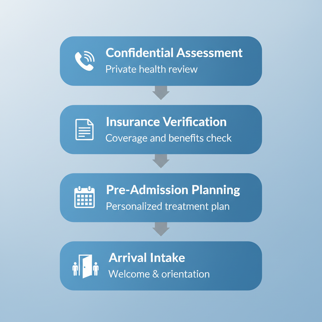 Vertical process flow diagram of Freeport Recovery admissions with four stages including icons for phone assessment, insurance verification, planning, and intake.