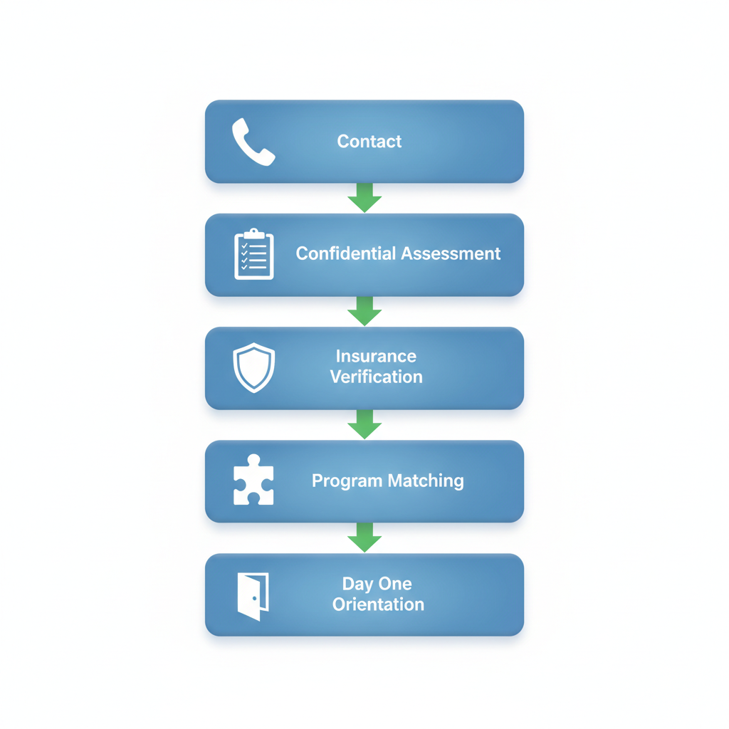 Vertical process flow diagram illustrating the five-step admissions process at Freeport Recovery for addiction treatment.