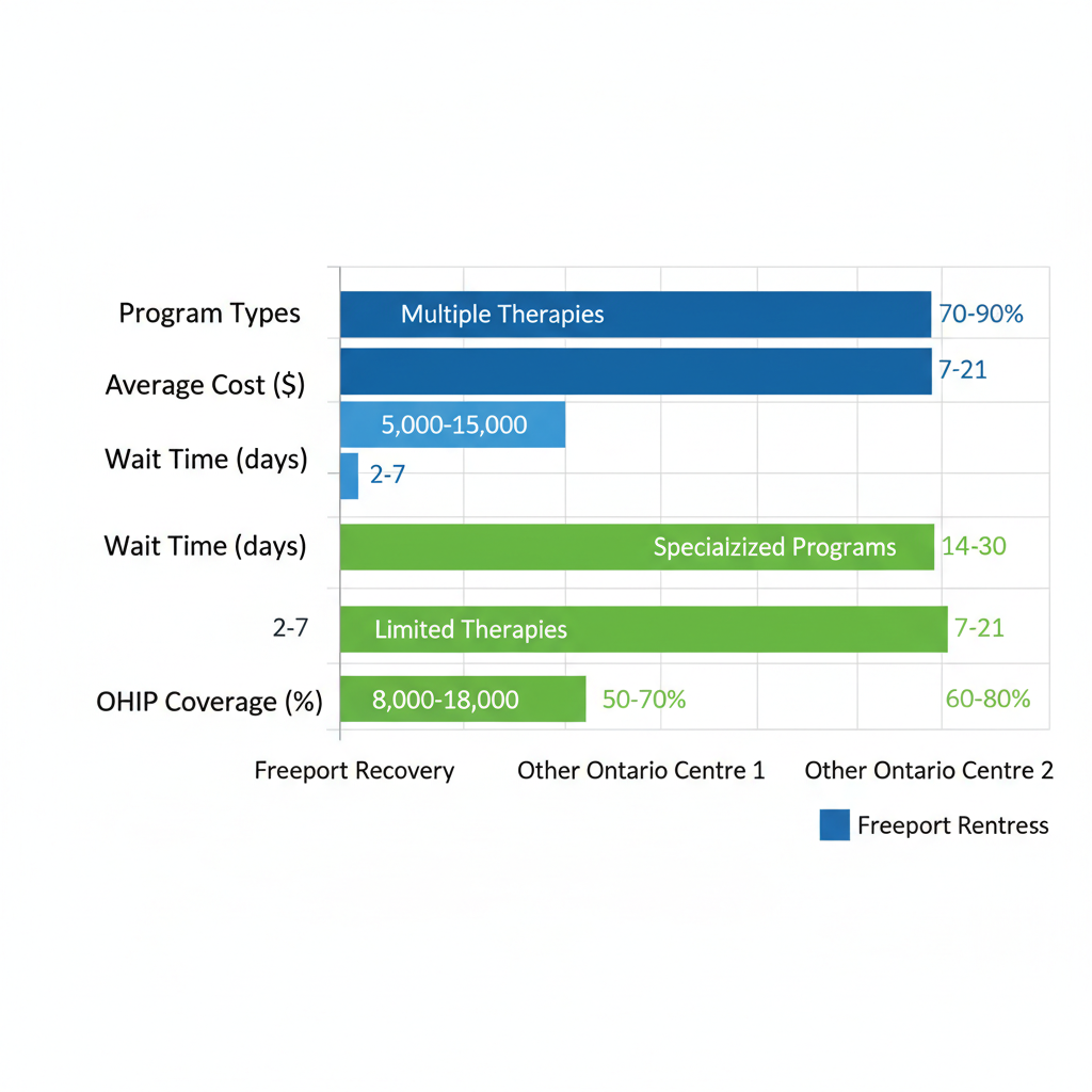 Horizontal bar chart comparing key rehab centres in Ontario, highlighting Freeport Recovery's advantages in wait times and costs.