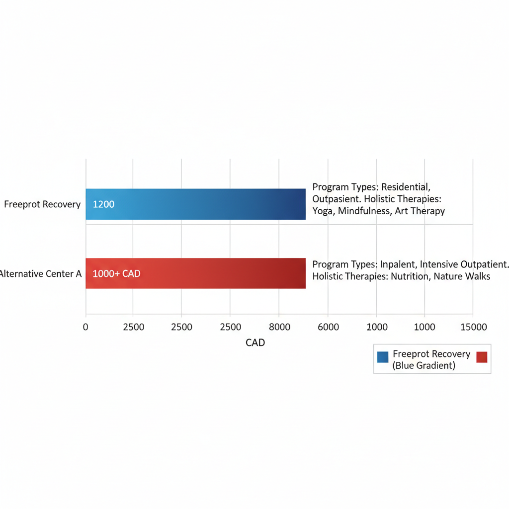 Horizontal bar chart comparing costs of alcohol rehab options in St Catharines, Ontario, showing Freeport Recovery and alternatives.
