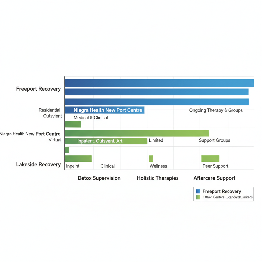 Horizontal bar chart comparing alcohol rehab centers in St. Catharines: Freeport Recovery excels in program types, detox, therapies, and aftercare versus Niagara Health and Lakeside Recovery.
