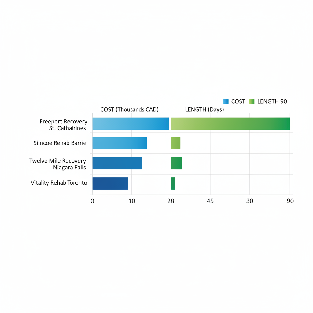 Bar chart comparing costs and program lengths of four holistic rehab centers in Ontario