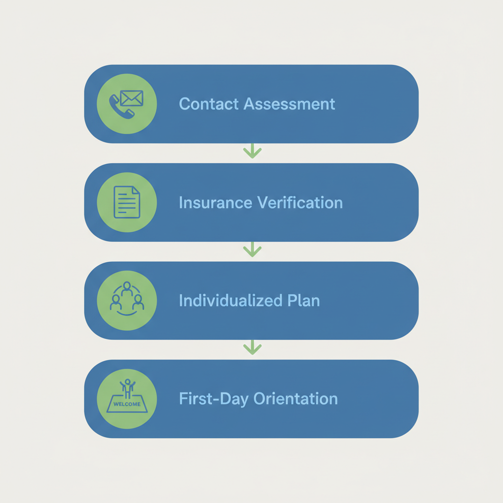Vertical process flow diagram illustrating four steps to start holistic recovery: contact for assessment, insurance verification, individualized treatment plan, and first-day orientation.