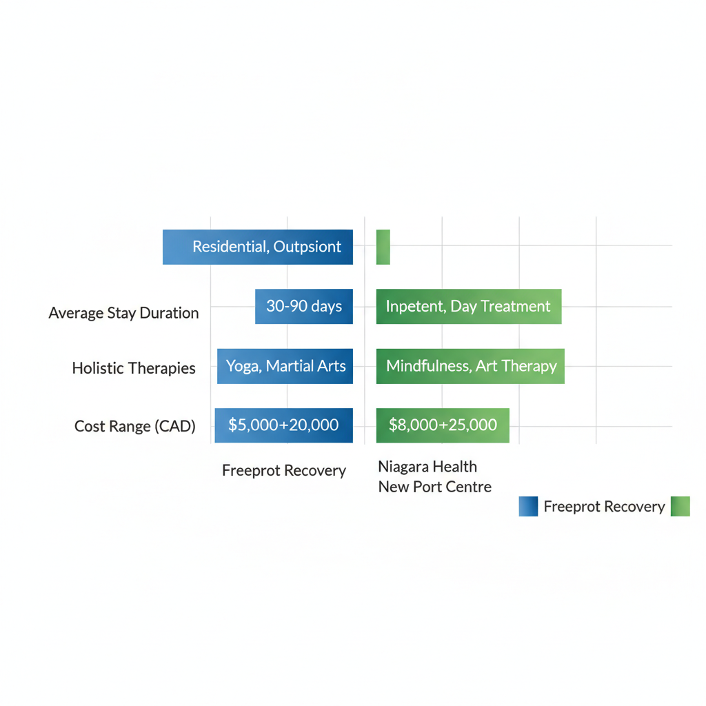 Bar chart comparing alcohol rehab programs at Freeport Recovery and Niagara Health in St. Catharines, showing program types, stay durations, therapies, and costs.