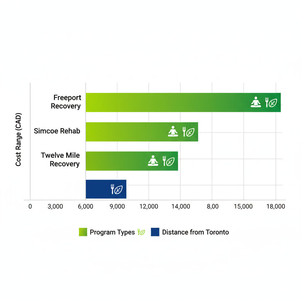 Bar chart comparing costs and distances of holistic drug treatment facilities near Toronto