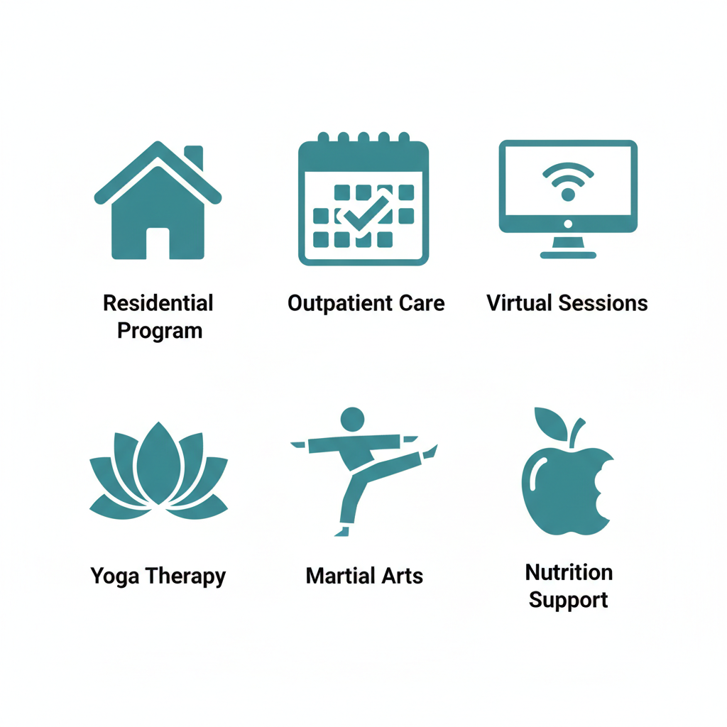 Grid of icons illustrating holistic recovery services: residential program, outpatient care, virtual sessions, yoga therapy, martial arts, and nutrition support