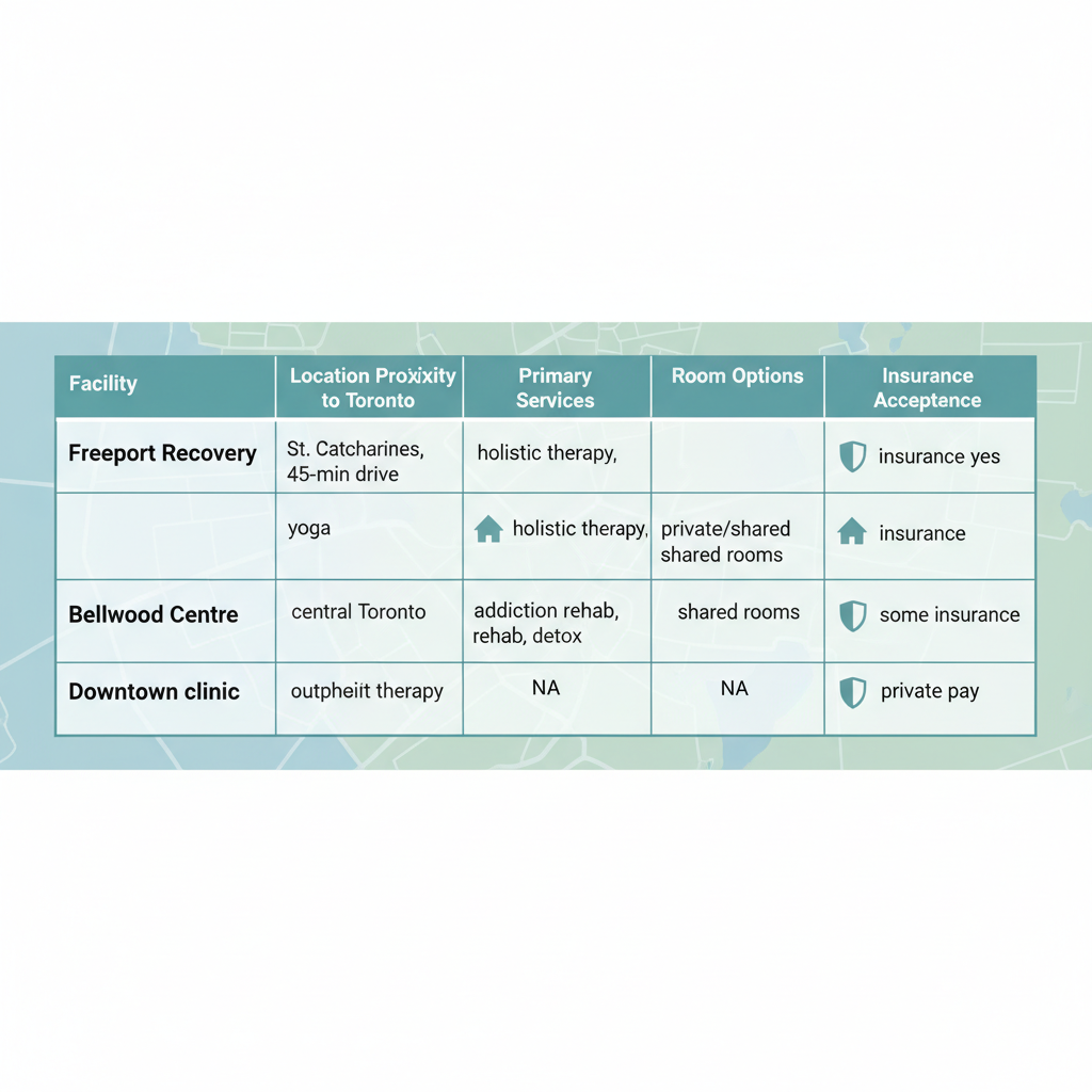 Infographic comparing mental health facilities near Toronto including Freeport Recovery, Bellwood Centre, and a downtown clinic, showing locations, services, rooms, and insurance.