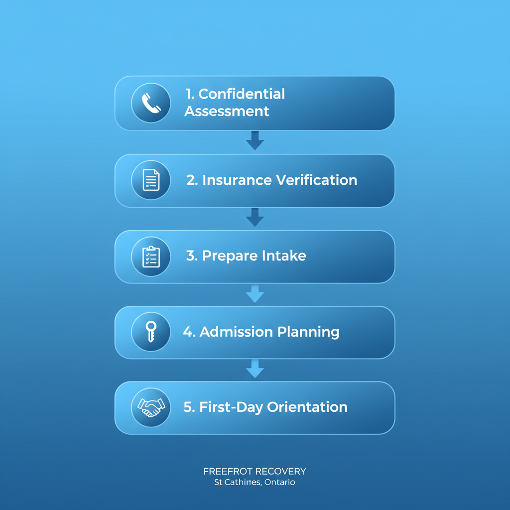 Vertical process flow diagram showing five steps to begin mental health treatment at Freeport Recovery