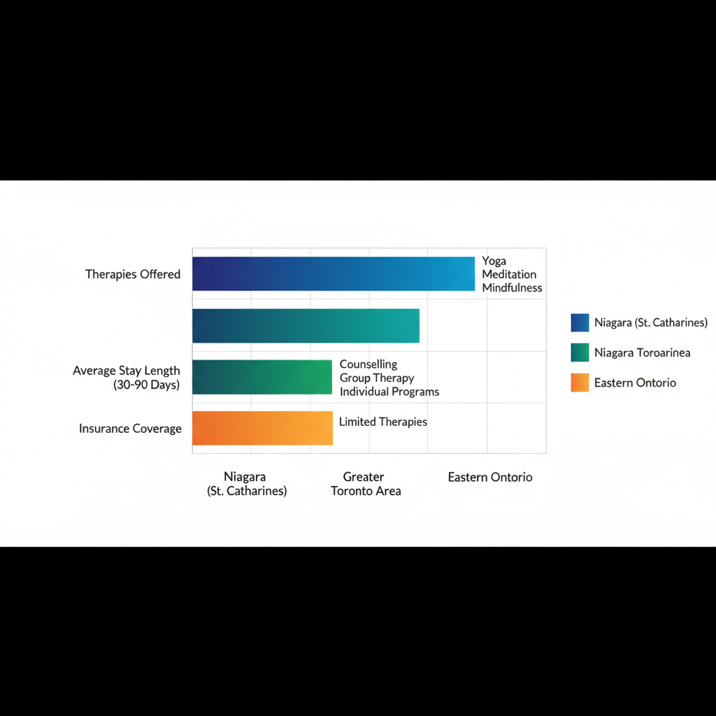 Horizontal bar chart comparing holistic rehab options in Niagara, Greater Toronto Area, and Eastern Ontario regions with metrics on therapies, stay lengths, and insurance.