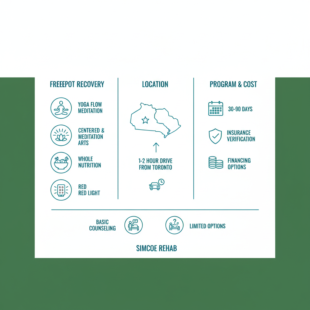Infographic comparing Freeport Recovery's holistic rehab features, location accessibility, and support options to competitors near Toronto