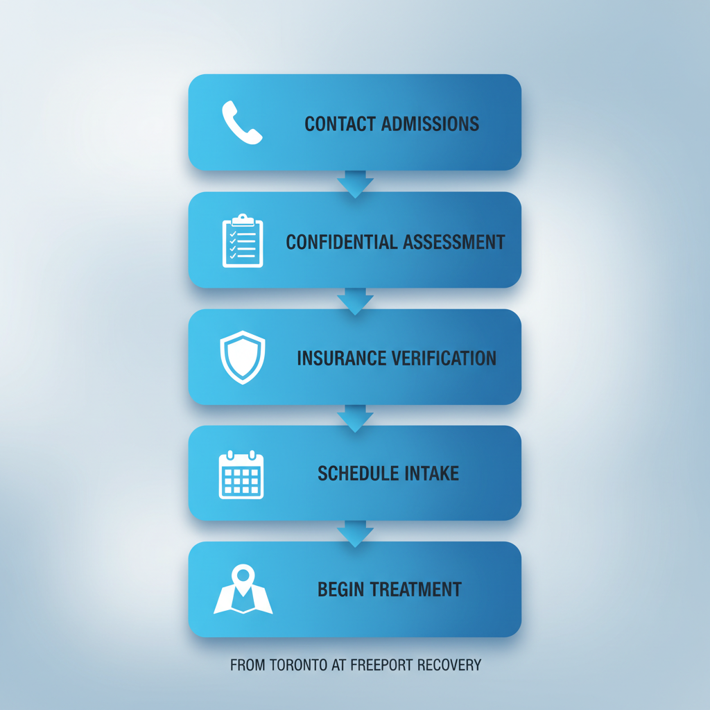 Vertical process flow diagram showing five steps to start recovery at Freeport Recovery from Toronto: contact admissions, assessment, insurance, intake, and treatment.