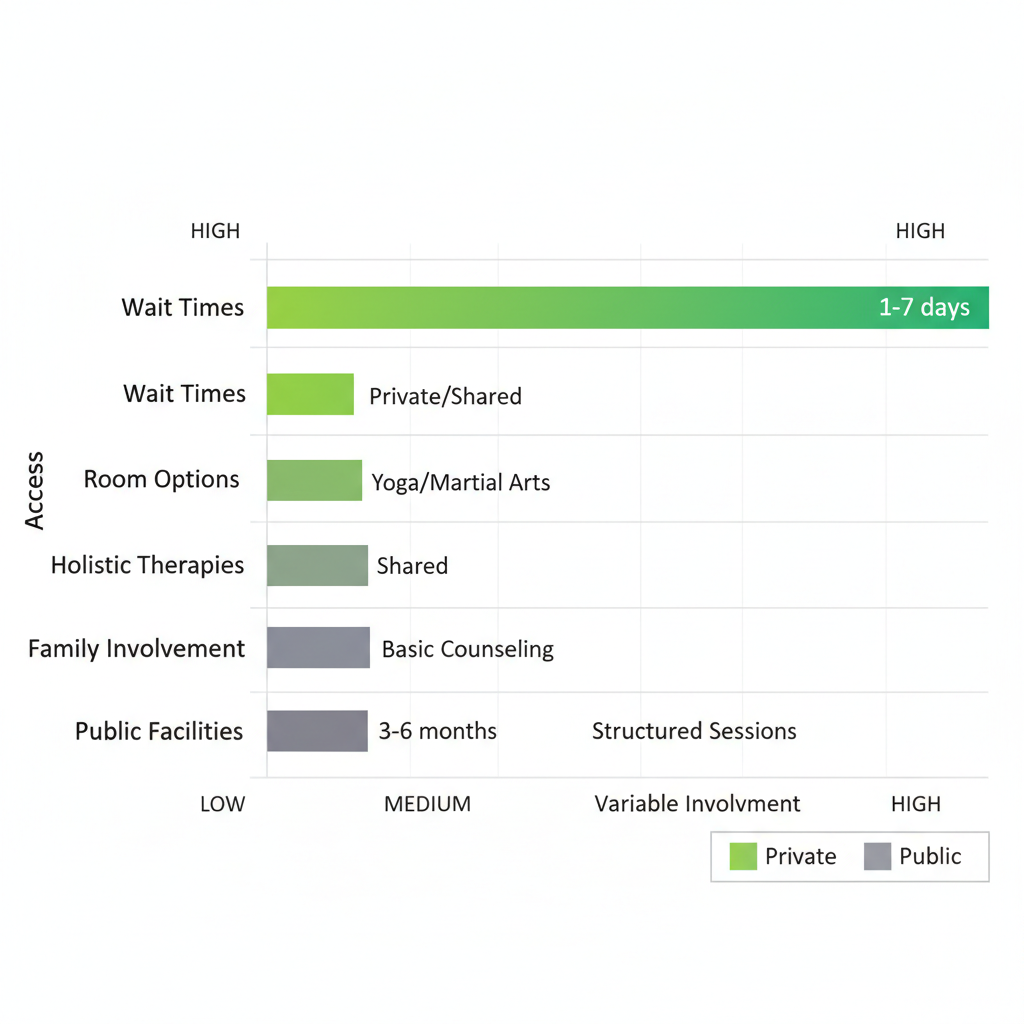Horizontal bar chart comparing private and public mental health facilities in Ontario across wait times, room options, holistic therapies, and family involvement.