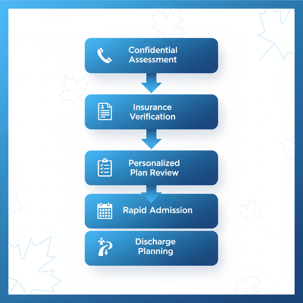 Vertical process flow diagram illustrating the five stages of admissions to Ontario mental health recovery facilities, including assessment, verification, plan review, admission, and discharge planning with icons.